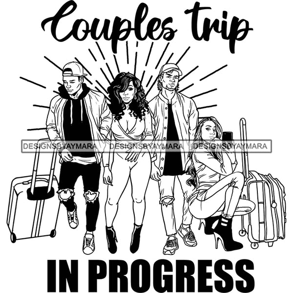 Couples Adventure Getaway Friends Airport Fun Vacation Trip Illustration B/W SVG JPG PNG Vector Clipart Cricut Silhouette Cut Cutting