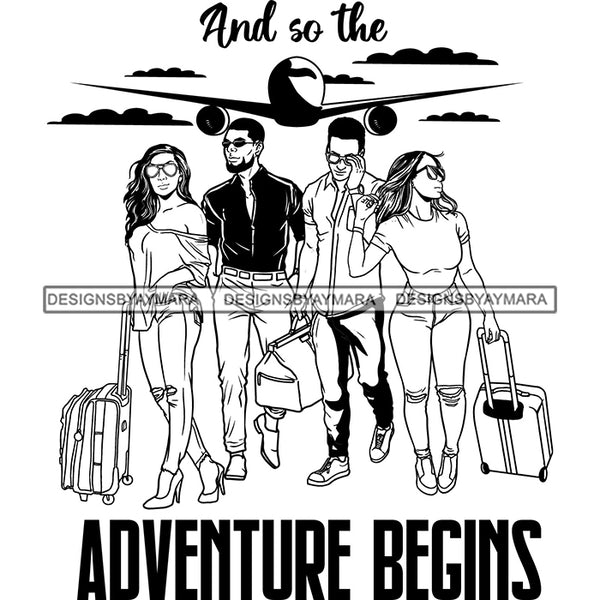 Couples Adventure Getaway Friends Airport Airplane Vacation Trip Illustration B/W SVG JPG PNG Vector Clipart Cricut Silhouette Cut Cutting