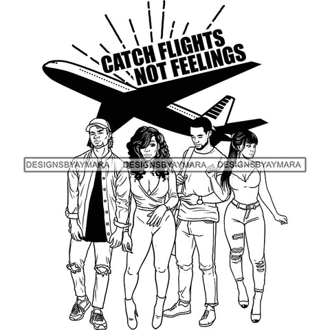 Couples Adventure Getaway Buddies Airport Airplane Vacation Trip Illustration B/W SVG JPG PNG Vector Clipart Cricut Silhouette Cut Cutting