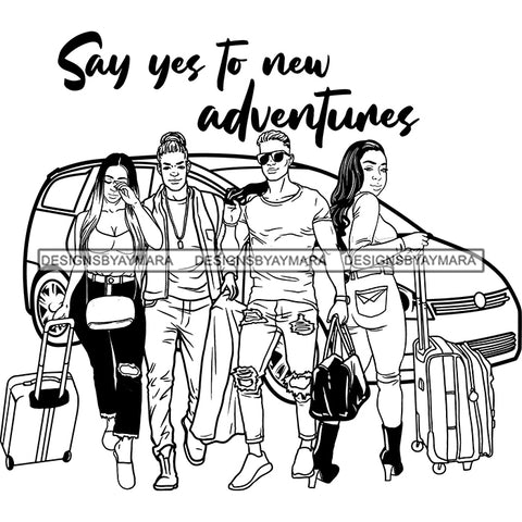 Couples Adventure Getaway Buddies Car Auto Vacation Road Trip Illustration B/W SVG JPG PNG Vector Clipart Cricut Silhouette Cut Cutting