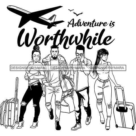 Couples Adventure Getaway Friends Airplane Vacation Trip Illustration B/W SVG JPG PNG Vector Clipart Cricut Silhouette Cut Cutting