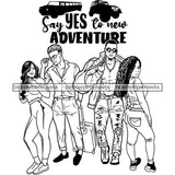 Couples Vacation Getaway Buddies Having Fun Road Trip Journey Illustration B/W SVG JPG PNG Vector Clipart Cricut Silhouette Cut Cutting