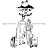 Couple Vacation Getaway Lovers Paradisiacal Beach Adventure Illustration B/W SVG JPG PNG Vector Clipart Cricut Silhouette Cut Cutting