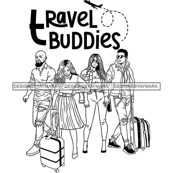 Couples Vacation Getaway Buddies Flying Weekend Adventure Illustration B/W SVG JPG PNG Vector Clipart Cricut Silhouette Cut Cutting