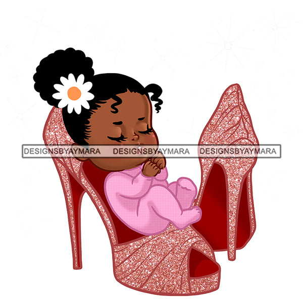 Cute Melanin Baby Girl Sleeping In Pink Heels   JPG PNG  Clipart Cricut Silhouette Cut Cutting