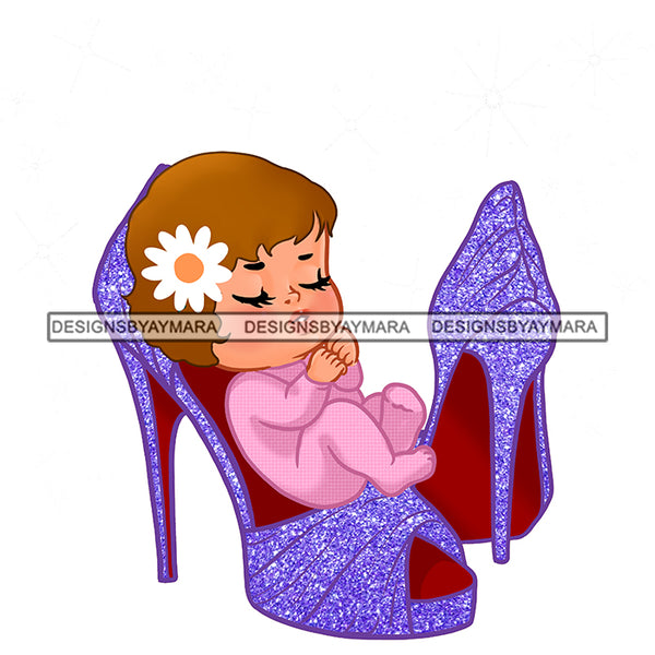 Cute Caucasian Baby Girl Sleeping In Purple Heels Shoes   JPG PNG  Clipart Cricut Silhouette Cut Cutting