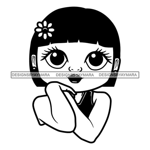 Cute Little Afro Girl Student Portrait Kindergarten Short Bob Bangs Hairstyle B/W SVG JPG PNG Vector Clipart Cricut Silhouette Cut Cutting