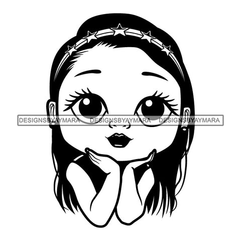 Cute Little Afro Girl Student Portrait Kindergarten Trendy Headband Straight Hairstyle B/W SVG JPG PNG Vector Clipart Cricut Silhouette Cut Cutting