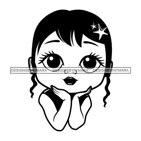 Cute Little Afro Girl Student Portrait Kindergarten Stars Hair Clips Straight Hairstyle B/W SVG JPG PNG Vector Clipart Cricut Silhouette Cut Cutting