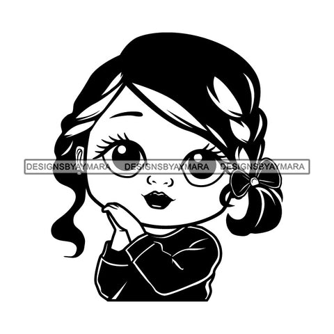 Cute Little Afro Girl Student Portrait Kindergarten Satin Ribbon Pigtails Hairstyle B/W SVG JPG PNG Vector Clipart Cricut Silhouette Cut Cutting