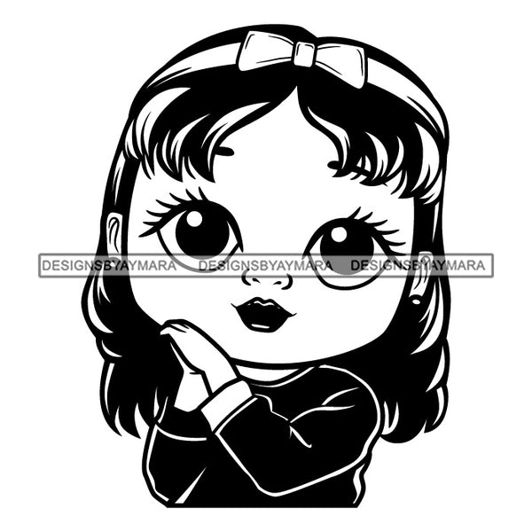 Cute Little Afro Girl Student Portrait Kindergarten Winter Sweater Wavy Hairstyle B/W SVG JPG PNG Vector Clipart Cricut Silhouette Cut Cutting