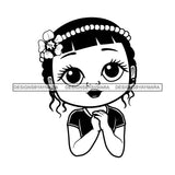 Cute Little Afro Girl Student Portrait Kindergarten Flower Pearls Headband Wavy Hairstyle B/W SVG JPG PNG Vector Clipart Cricut Silhouette Cut Cutting