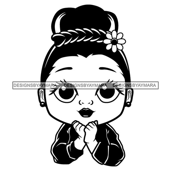 Cute Little Afro Girl Student Portrait Kindergarten Flower Updo Hairstyle B/W SVG JPG PNG Vector Clipart Cricut Silhouette Cut Cutting