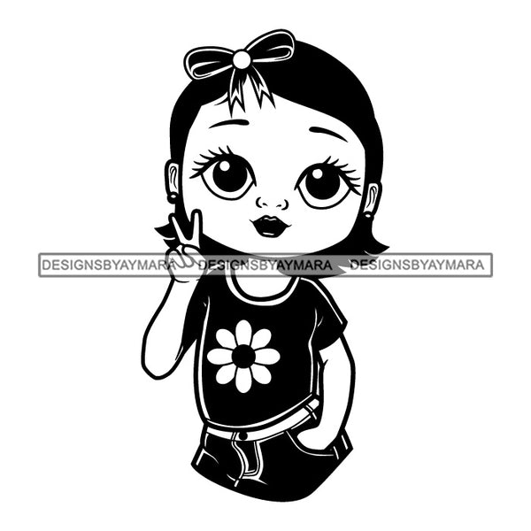 Cute Little Afro Girl Student Kindergarten Peace Sign Ribbon Straight Hairstyle B/W SVG JPG PNG Vector Clipart Cricut Silhouette Cut Cutting