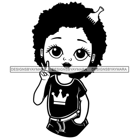 Cute Little Afro Girl Student Kindergarten Peace Sign Pick Comb Puffy Afro Hairstyle B/W SVG JPG PNG Vector Clipart Cricut Silhouette Cut Cutting