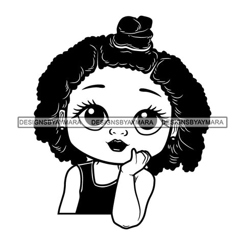 Cute Little Afro Girl Student Portrait Kindergarten Bantu Knot Curly Hairstyle B/W SVG JPG PNG Vector Clipart Cricut Silhouette Cut Cutting