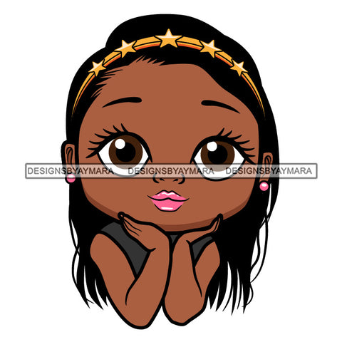 Cute Little Afro Girl Student Portrait Kindergarten Gold Headband Straight Hairstyle SVG JPG PNG Vector Clipart Cricut Silhouette Cut Cutting
