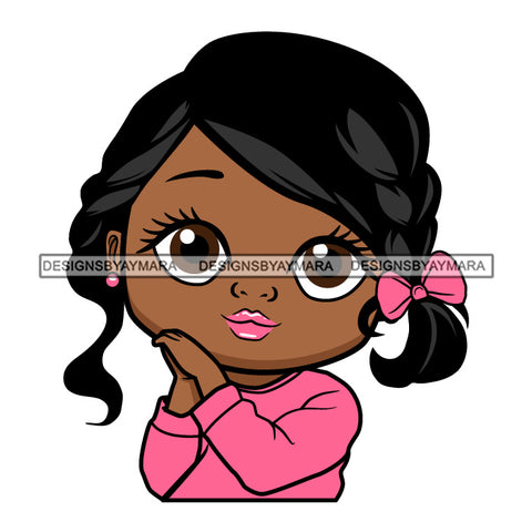 Cute Little Afro Girl Student Portrait Kindergarten Pink Ribbon Pigtails Hairstyle SVG JPG PNG Vector Clipart Cricut Silhouette Cut Cutting