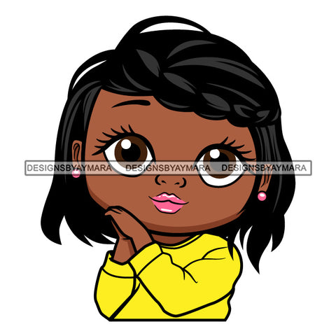 Cute Little Afro Girl Student Portrait Kindergarten Yellow Sweater Wavy Hairstyle SVG JPG PNG Vector Clipart Cricut Silhouette Cut Cutting