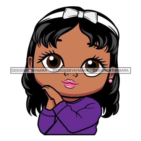 Cute Little Afro Girl Student Portrait Kindergarten Purple Sweater Wavy Hairstyle SVG JPG PNG Vector Clipart Cricut Silhouette Cut Cutting