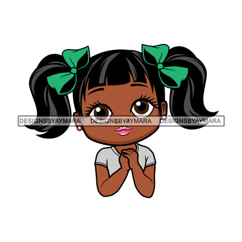 Cute Little Afro Girl Student Portrait Kindergarten Green Ribbons Pigtails Hairstyle SVG JPG PNG Vector Clipart Cricut Silhouette Cut Cutting