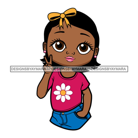 Cute Little Afro Girl Student Kindergarten Peace Sign Ribbon Straight Hairstyle SVG JPG PNG Vector Clipart Cricut Silhouette Cut Cutting