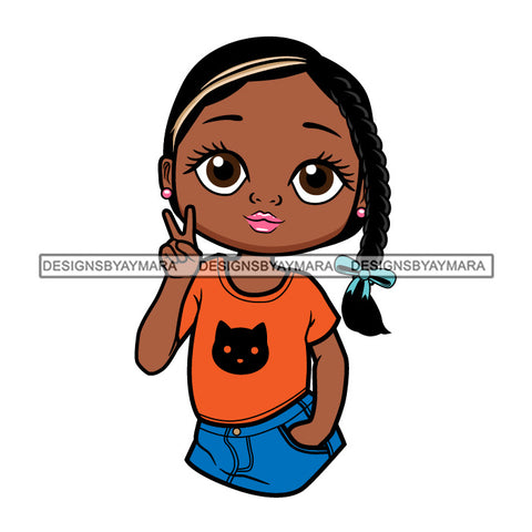 Cute Little Afro Girl Student Kindergarten Peace Sign Side Braid Hairstyle SVG JPG PNG Vector Clipart Cricut Silhouette Cut Cutting