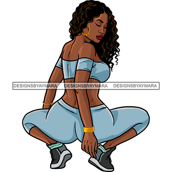 Sexy Afro Beauty Rapper Squatting Wearing Off Shoulder Top Leggings Sneakers Style SVG JPG PNG Vector Clipart Cricut Silhouette Cut Cutting