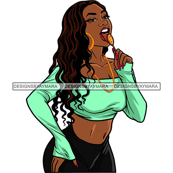 Sexy Afro Beauty Rapper Licking Lollipop Wearing Green Top Long Wavy H ...