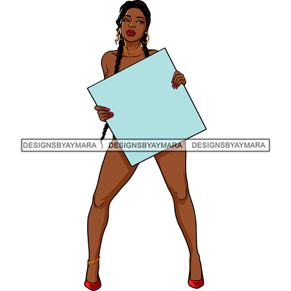 Sexy Afro Beauty Rapper Holding Blank Sign High Heels Fashion Style Braids Hairstyle SVG JPG PNG Vector Clipart Cricut Silhouette Cut Cutting