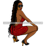Sexy Afro Beauty Rapper Squatting Red Short Dress High Heel Shoes Sunglasses Style SVG JPG PNG Vector Clipart Cricut Silhouette Cut Cutting
