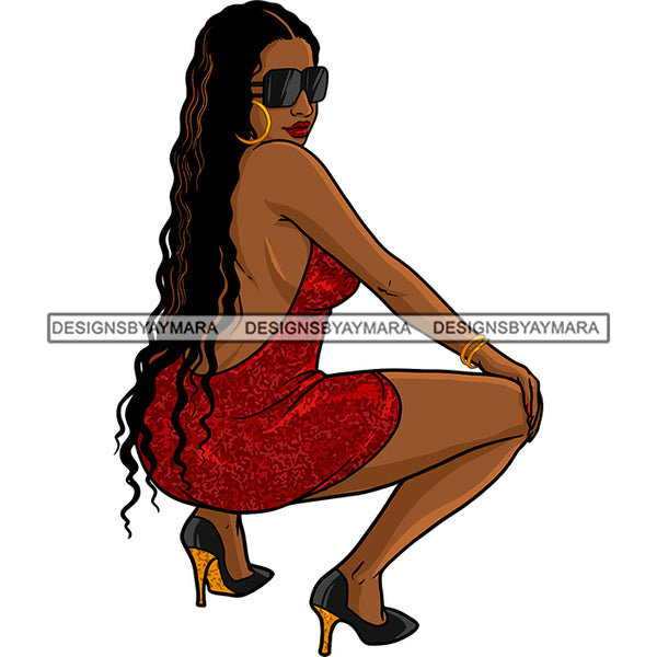 Sexy Afro Beauty Rapper Squatting Red Short Dress High Heel Shoes Sunglasses Style SVG JPG PNG Vector Clipart Cricut Silhouette Cut Cutting