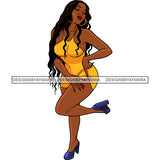 Sexy Afro Curvy Beauty Rapper Yellow Dress Blue Shoes Long Wavy Hairstyle SVG JPG PNG Vector Clipart Cricut Silhouette Cut Cutting