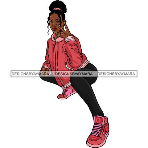 Sexy Afro Beauty Rapper Squatting Wearing Sweatshirt Leggings Updo Bun Hairstyle SVG JPG PNG Vector Clipart Cricut Silhouette Cut Cutting