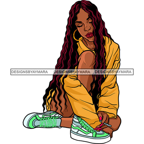 Sexy Afro Beauty Rapper Sitting Floor Holding Cigarette Long Wavy Hairstyle Illustration SVG JPG PNG Vector Clipart Cricut Silhouette Cut Cutting