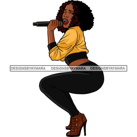 Sexy Afro Beauty Rapper Squatting Singing Wearing Sweatshirt Curly Hairstyle SVG JPG PNG Vector Clipart Cricut Silhouette Cut Cutting