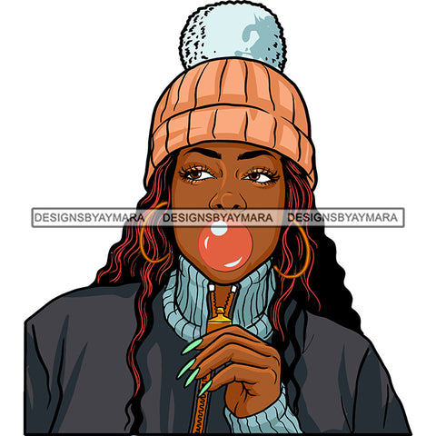 Sexy Afro Beauty Rapper Urban Bubble Gum Beanie Pom Pom Long Wavy Hairstyle SVG JPG PNG Vector Clipart Cricut Silhouette Cut Cutting