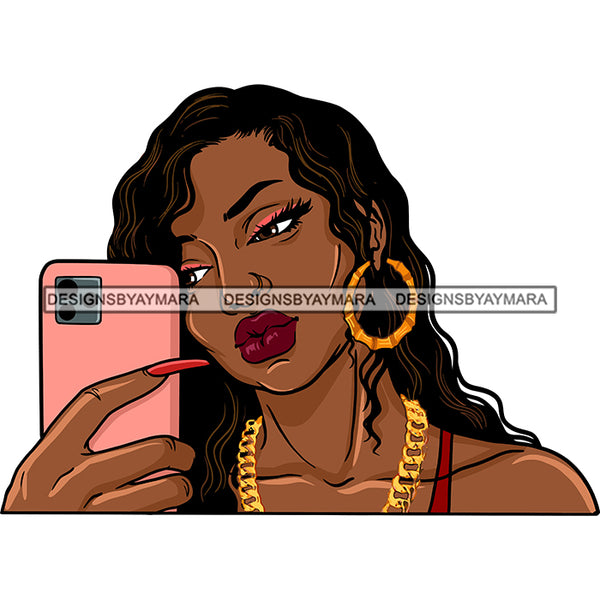 Sexy Afro Beauty Rapper Gangsta Rap Taking Selfie Cellphone Long Wavy Hairstyle SVG JPG PNG Vector Clipart Cricut Silhouette Cut Cutting