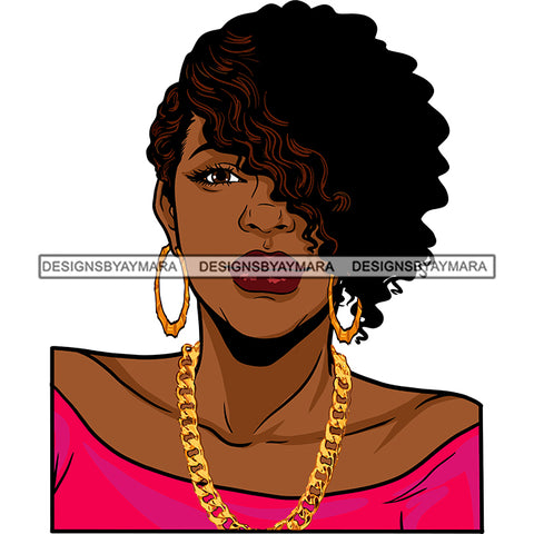 Sexy Afro Beauty Rapper Gangsta Rap Gold Chain Necklace Short Wavy Hairstyle SVG JPG PNG Vector Clipart Cricut Silhouette Cut Cutting