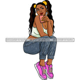 Sexy Sassy Afro Beauty Rapper Sitting Smiling Long Pigtails Hairstyle Illustration SVG JPG PNG Vector Clipart Cricut Silhouette Cut Cutting