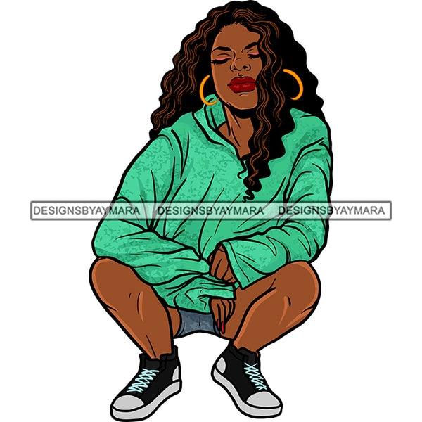Sexy Afro Beauty Rapper Squatting Gangsta Rap Green Sweatshirt Shorts Fashion Style SVG JPG PNG Vector Clipart Cricut Silhouette Cut Cutting