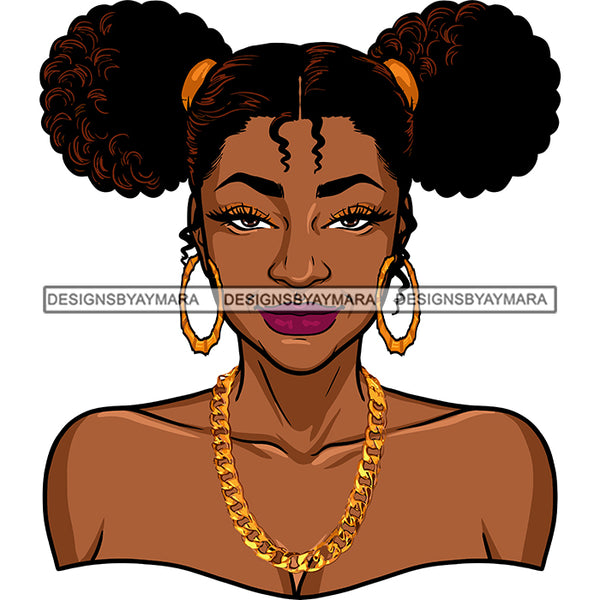 Sexy Afro Beauty Rapper Portrait Hoop Earrings Gold Chain Necklace Afro Puff Pigtails Hairstyle SVG JPG PNG Vector Clipart Cricut Silhouette Cut Cutting