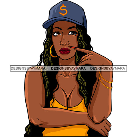 Sexy Afro Beauty Rapper Portrait Gangsta Rap Baseball Cap Dollar Sign Yellow Top Style SVG JPG PNG Vector Clipart Cricut Silhouette Cut Cutting