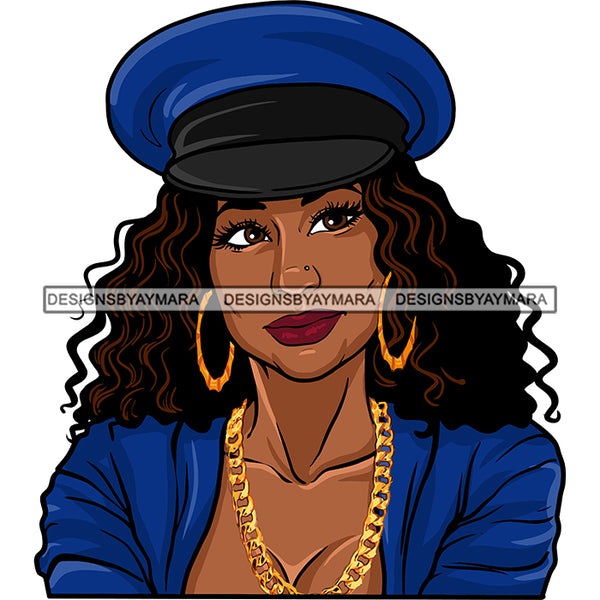 Sexy Afro Beauty Rapper Portrait Gangsta Rap Blue Hat Blouse Gold Chain Fashion Style SVG JPG PNG Vector Clipart Cricut Silhouette Cut Cutting