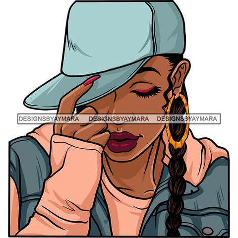 Sexy Afro Beauty Rapper Eyes Closed Gangsta Rap Music Baseball Cap Earrings Style SVG JPG PNG Vector Clipart Cricut Silhouette Cut Cutting