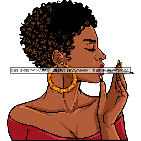Sexy Afro Beauty Rapper Profile Smoking Joint Hoop Earrings Short Curly Hairstyle SVG JPG PNG Vector Clipart Cricut Silhouette Cut Cutting