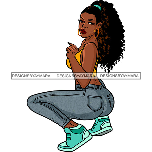 Sexy Afro Beauty Rapper Squatting Wearing Jeans Sneakers Yellow Top Fashion Style SVG JPG PNG Vector Clipart Cricut Silhouette Cut Cutting