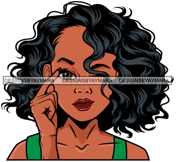 Cute Lola Winking Sign Language Communication Gesture Neck Length Wavy Hairstyle SVG JPG PNG Vector Clipart Cricut Silhouette Cut Cutting