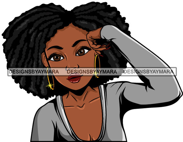 Cute Lola Hand On Temple Thinking Worried Tired Gesture Puffy Afro Twist Hairstyle SVG JPG PNG Vector Clipart Cricut Silhouette Cut Cutting