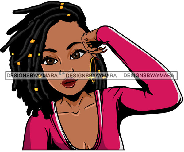 Cute Lola Hand On Temple Thinking Worried Tired Gesture Dreadlock Hairstyle SVG JPG PNG Vector Clipart Cricut Silhouette Cut Cutting